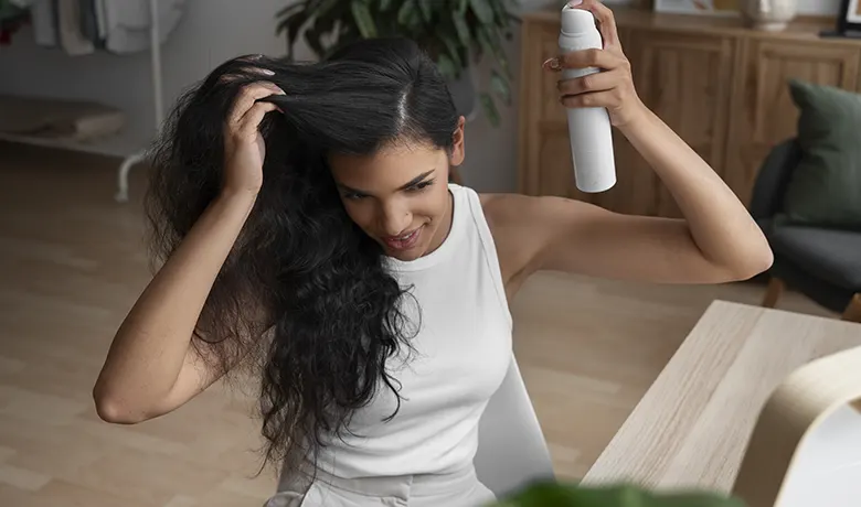 Mulher Colocando Spray No Cabelo